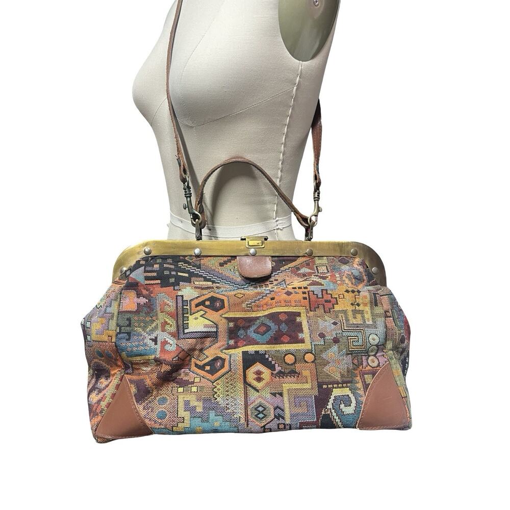 Vtg Kilim Woven Tapestry Leather Handbag Doctors Bag Purse